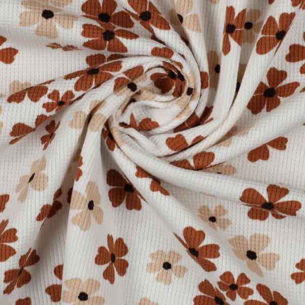 Waffeljersey mit Blüten Braun/Beige auf Ecru